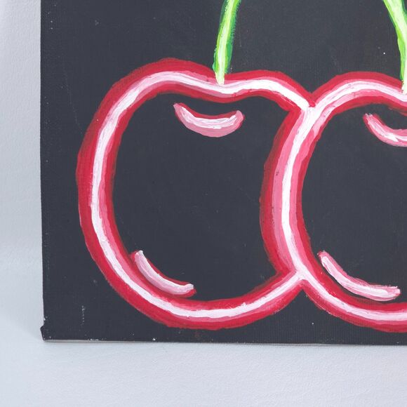 Oil on Canvas Hand Painted Neon Cherries 8" x 8" Abstract Simplicity 1st Release - Picture 4 of 7